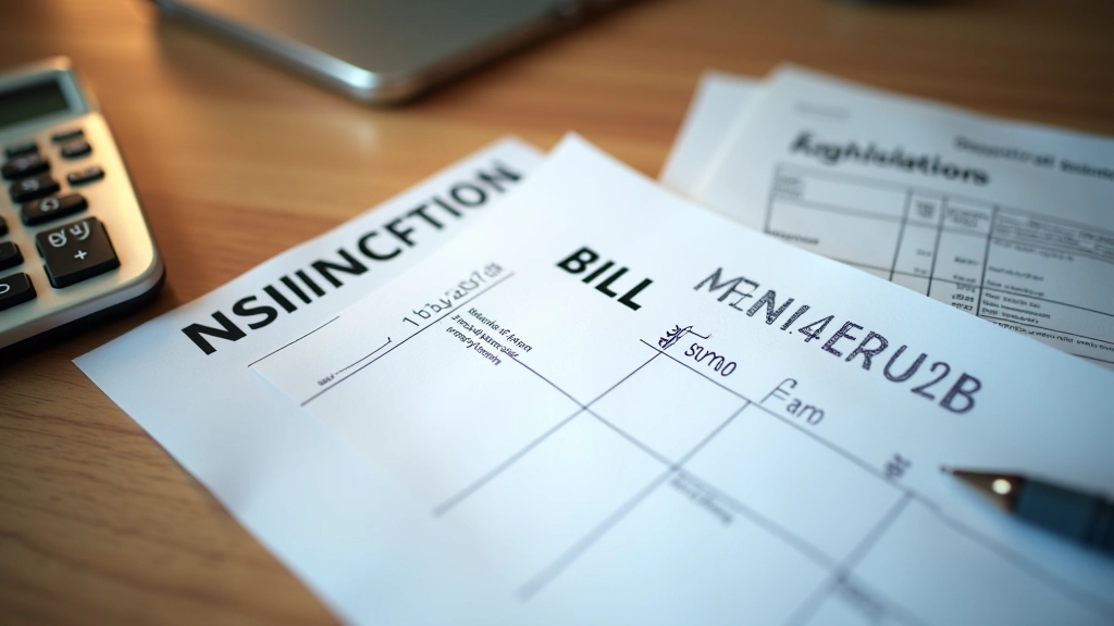 Calculator and monthly bill statements spread across desk showing itemized charges and promotional periods