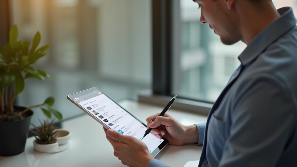 Person writing notes while reviewing a list on tablet, decision-making process visualization