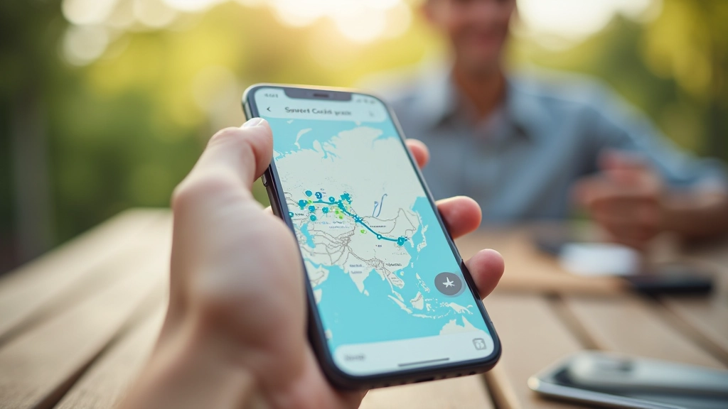 Close-up of mobile phone screen showing network coverage map with color-coded signal strength areas