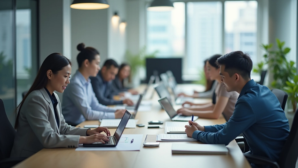 Team of subscription management experts in modern office workspace