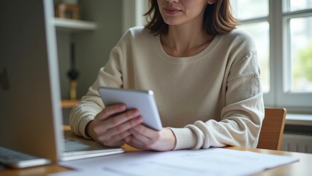 Person reviewing mobile plan options on tablet at home with notes spread out